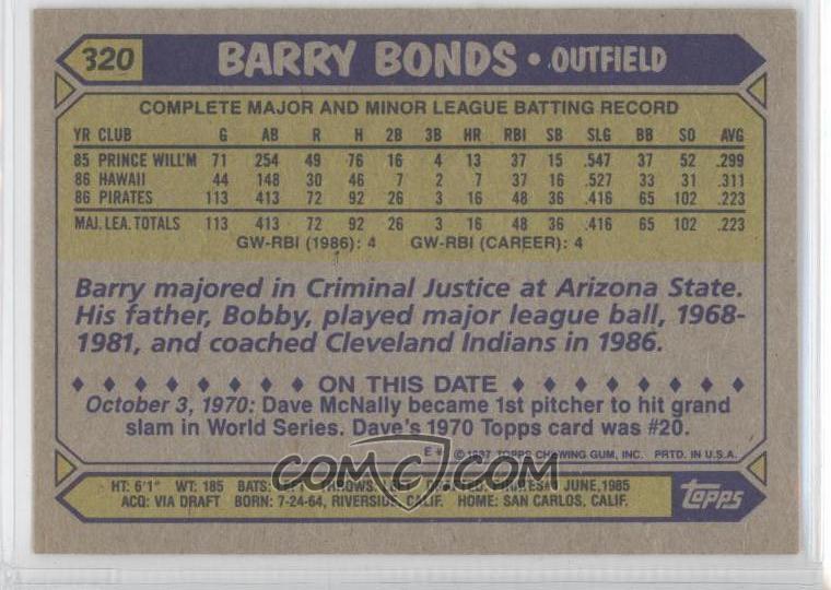 barry bonds rookie picture. Barry Bonds RC (Rookie Card)