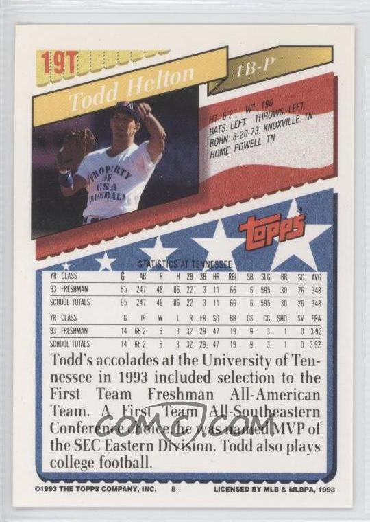 todd helton rookie. 1993 Topps Traded #19T - Todd Helton USA RC (Rookie Card) - CheckOutMyCards.com