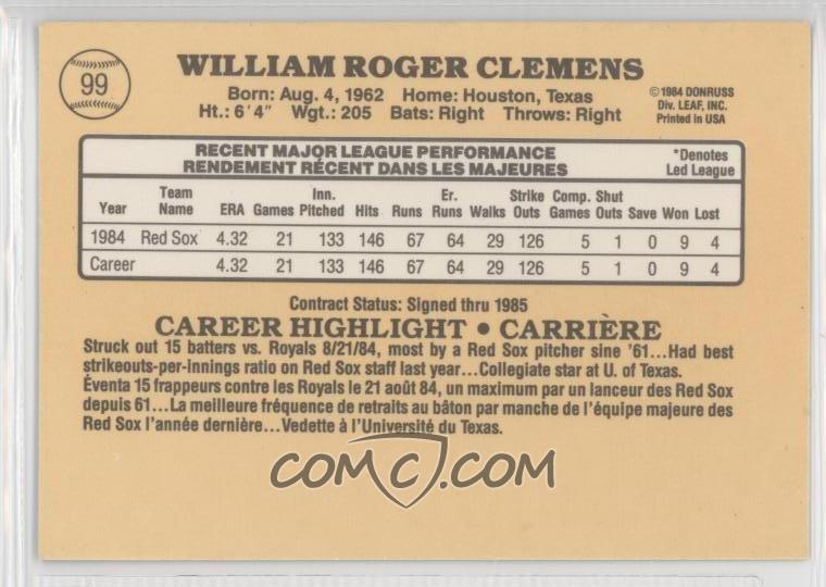 roger clemens rookie. Roger Clemens RC (Rookie Card)